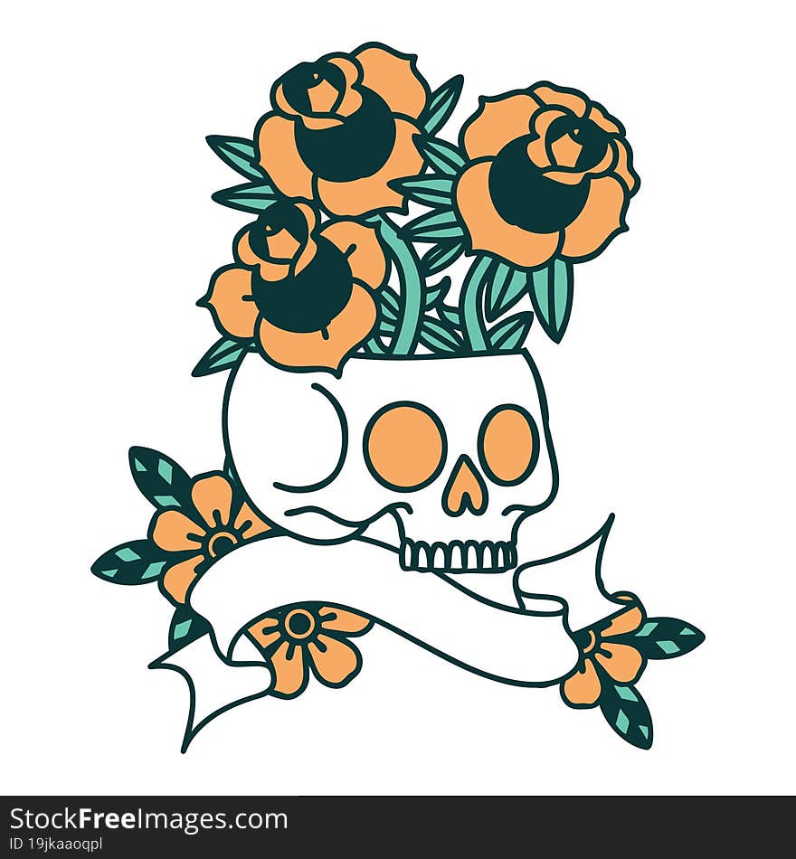 Tattoo With Banner Of A Skull And Roses