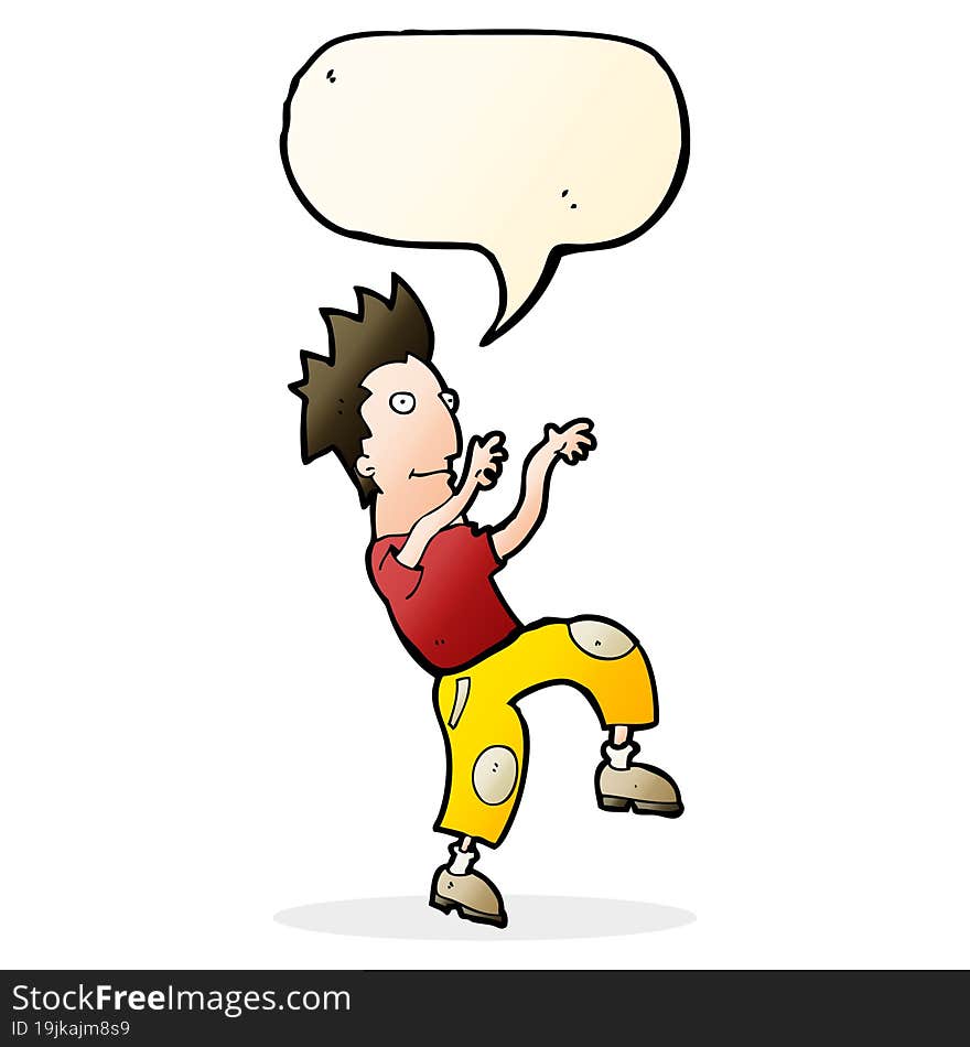 cartoon happy man doing funny dance with speech bubble