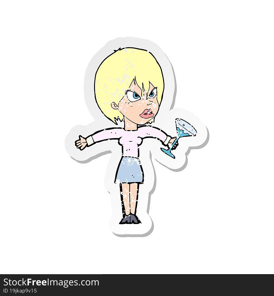 retro distressed sticker of a cartoon woman with drink