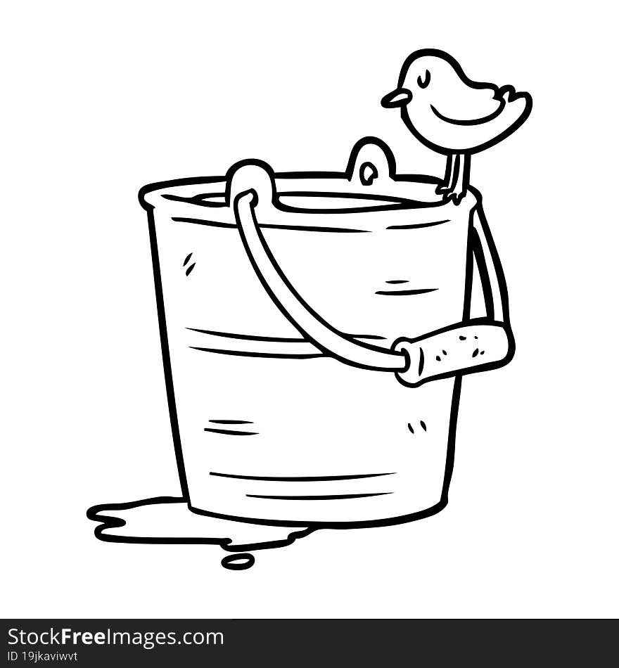 line drawing of a bird looking into bucket of water. line drawing of a bird looking into bucket of water