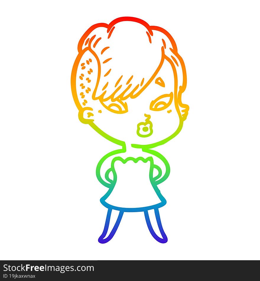 Rainbow Gradient Line Drawing Cartoon Surprised Girl