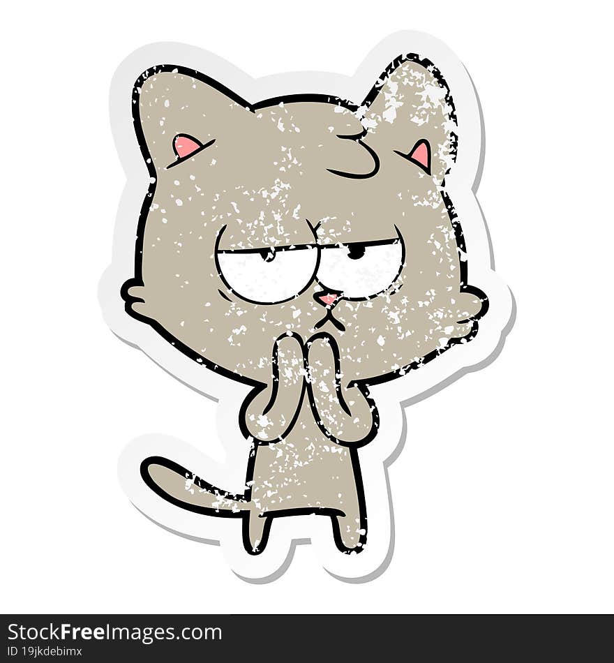 distressed sticker of a bored cartoon cat