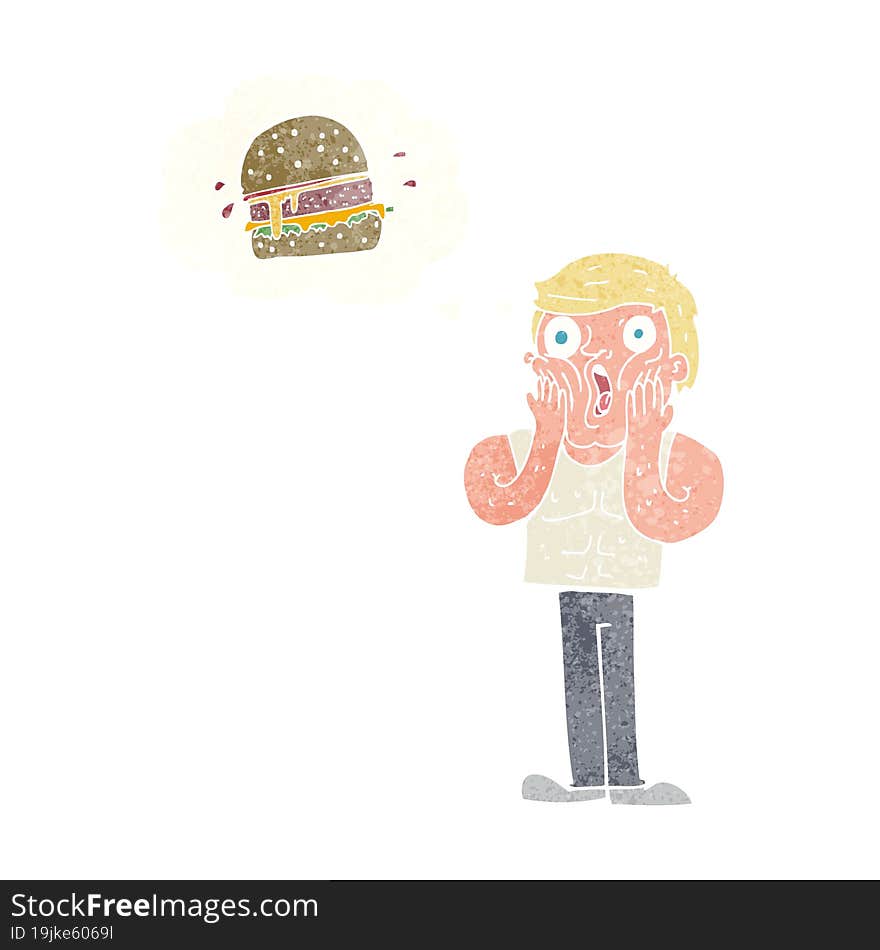 cartoon shocked man thinking about junk food