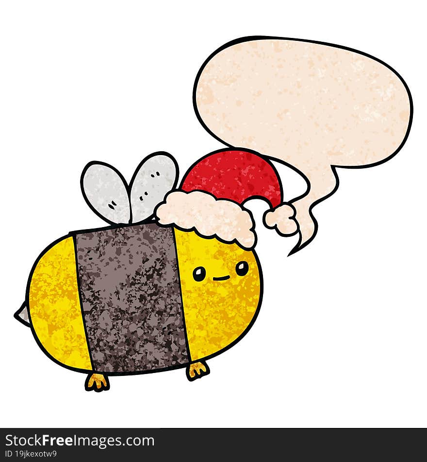 Cartoon Christmas Bee And Speech Bubble In Retro Texture Style