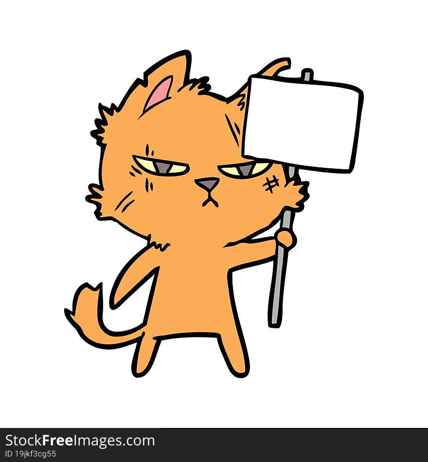 tough cartoon cat with protest sign. tough cartoon cat with protest sign