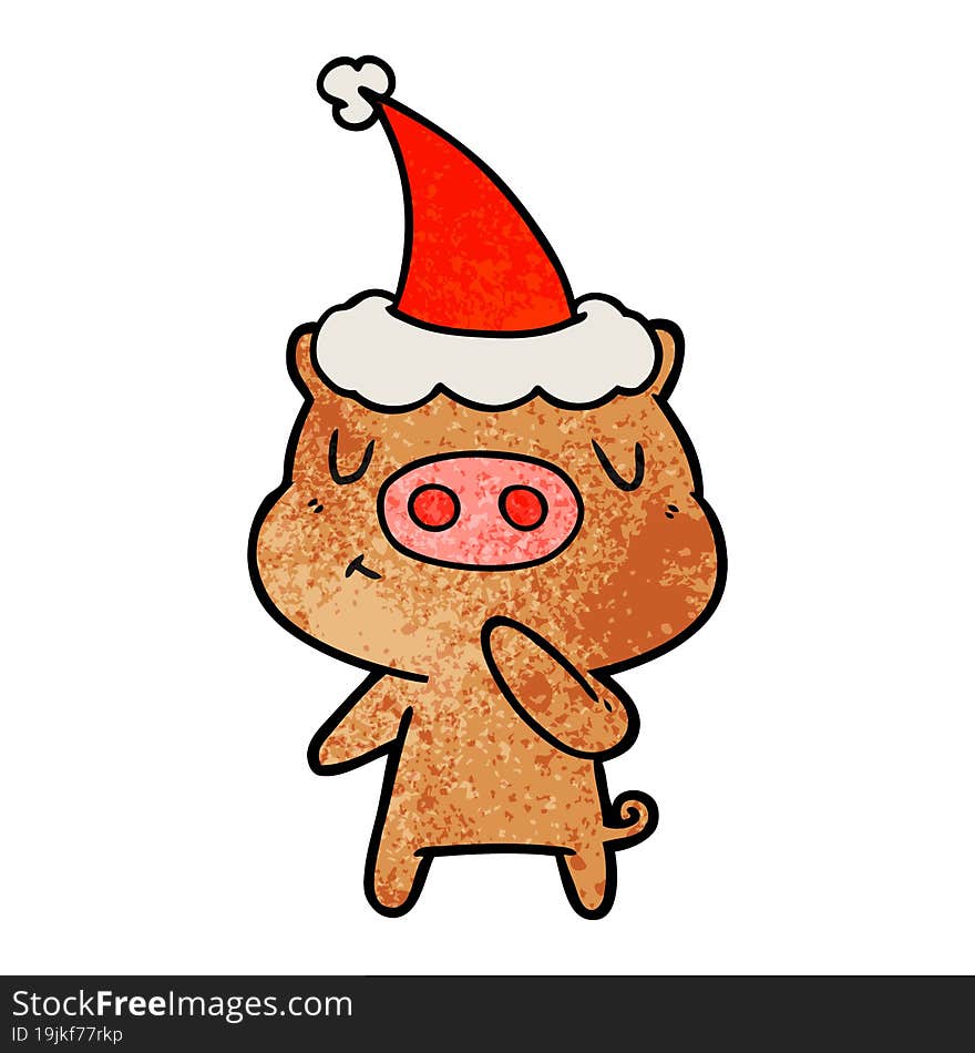 Textured Cartoon Of A Content Pig Wearing Santa Hat