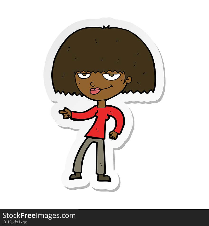 sticker of a cartoon happy woman pointing