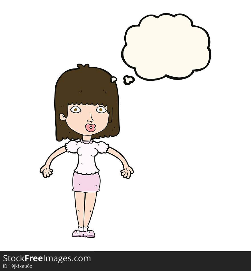 cartoon woman shrugging shoulders with thought bubble