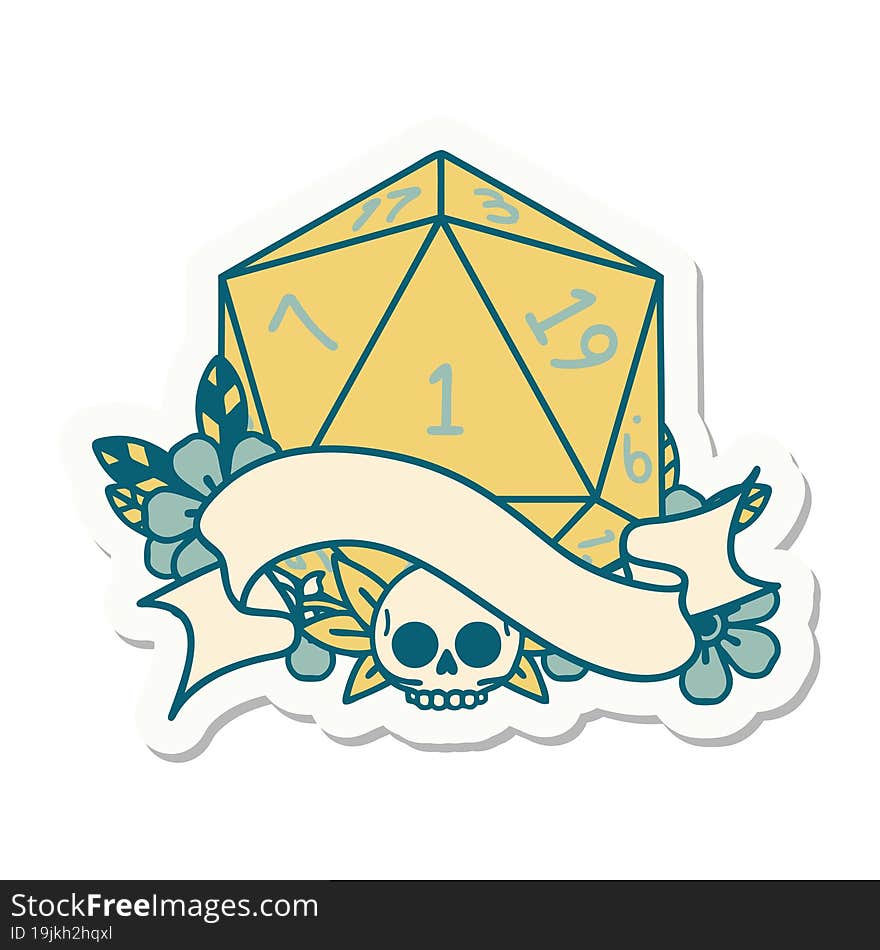 sticker of a natural one d20 dice roll. sticker of a natural one d20 dice roll