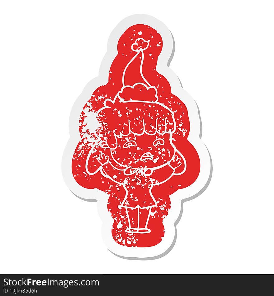 cartoon distressed sticker of a worried woman wearing santa hat