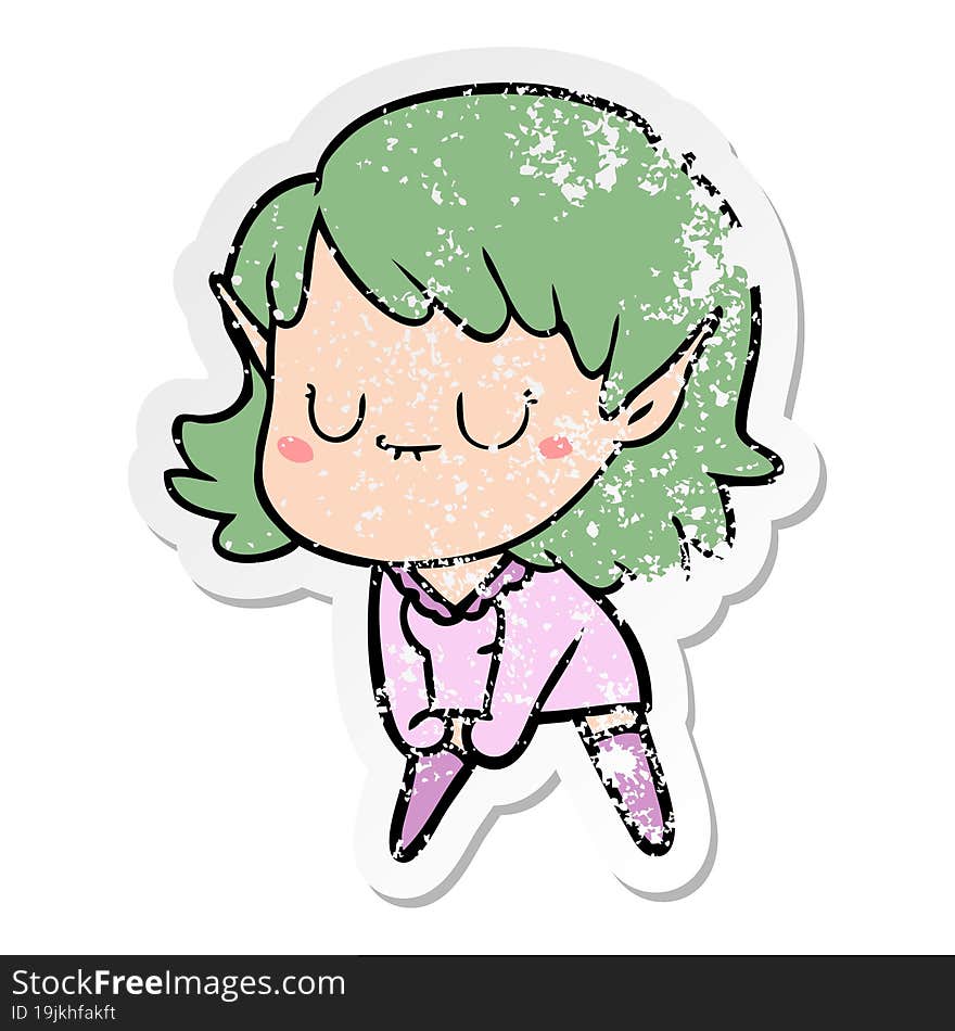 Distressed Sticker Of A Happy Cartoon Elf Girl Posing