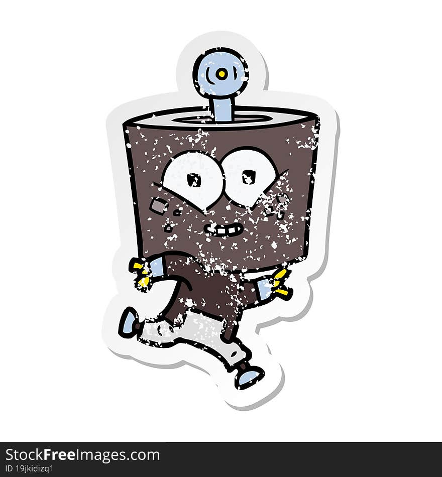 distressed sticker of a happy cartoon robot running