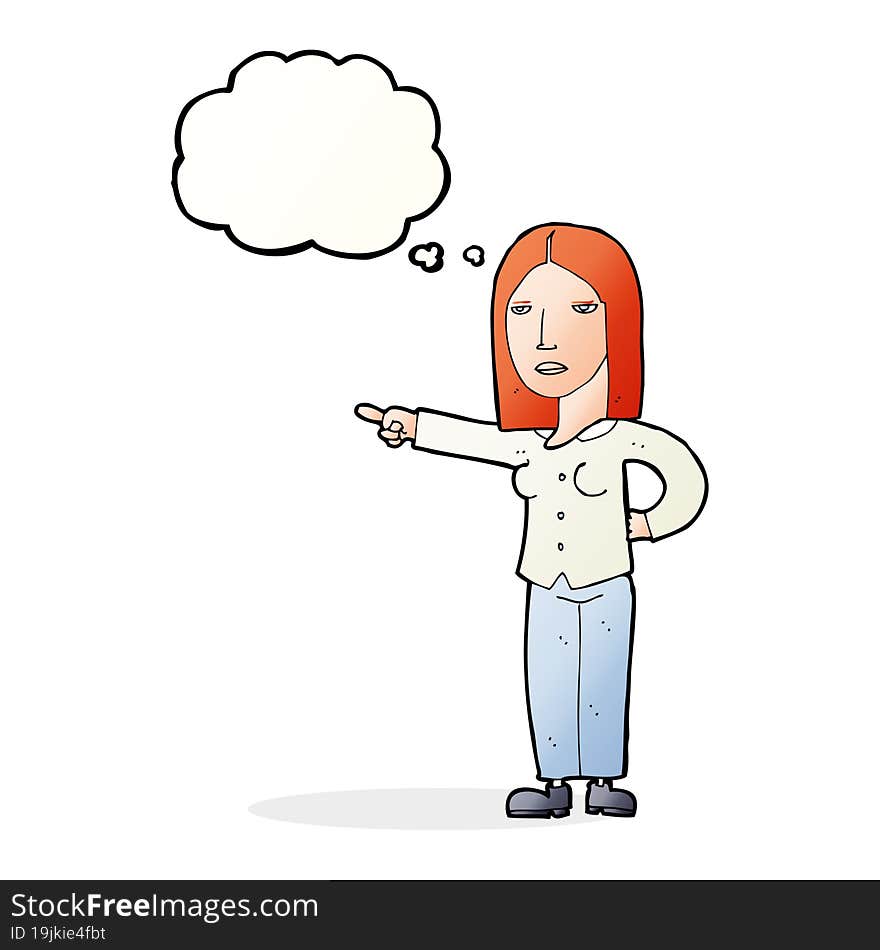 cartoon woman pointing with thought bubble