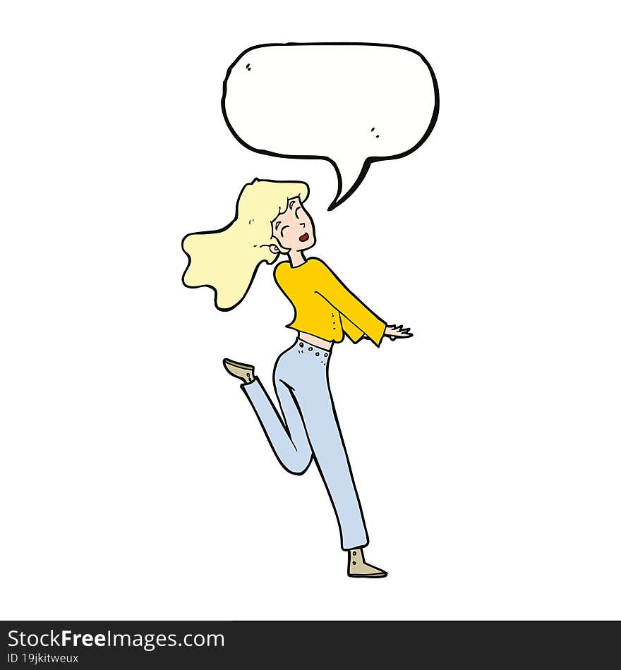 cartoon happy girl kicking out leg with speech bubble