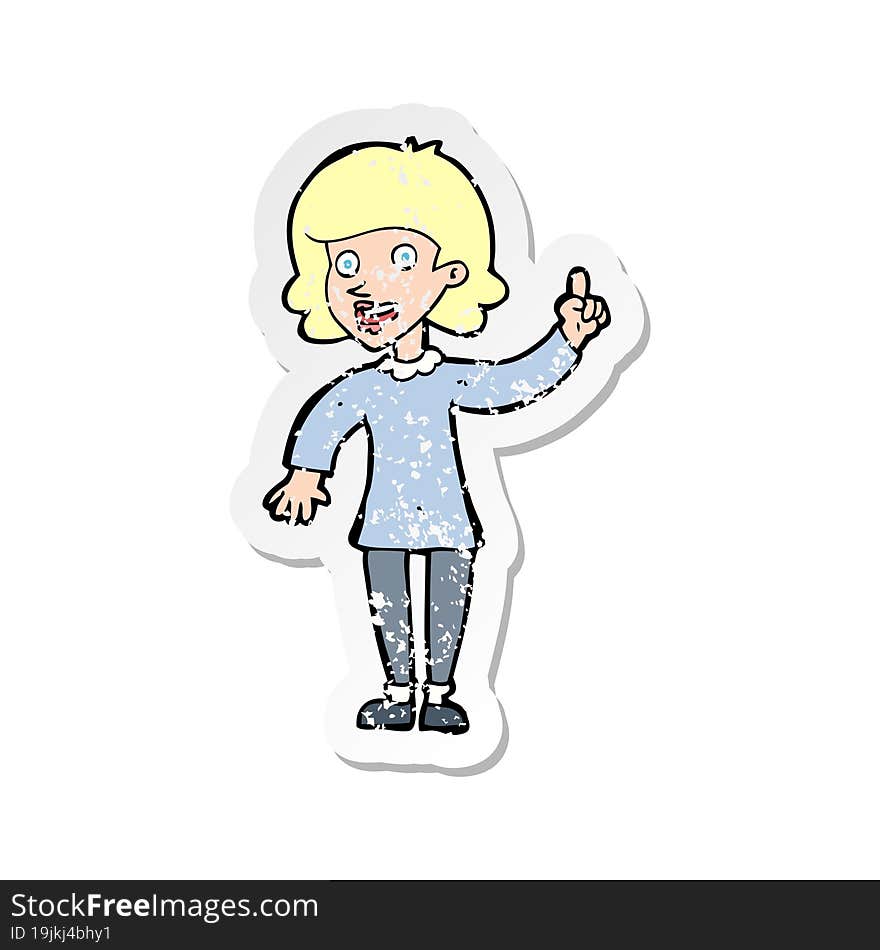 retro distressed sticker of a cartoon woman with idea