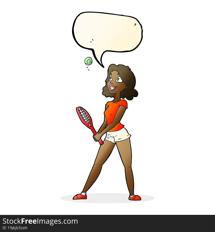 cartoon woman playing tennis with speech bubble