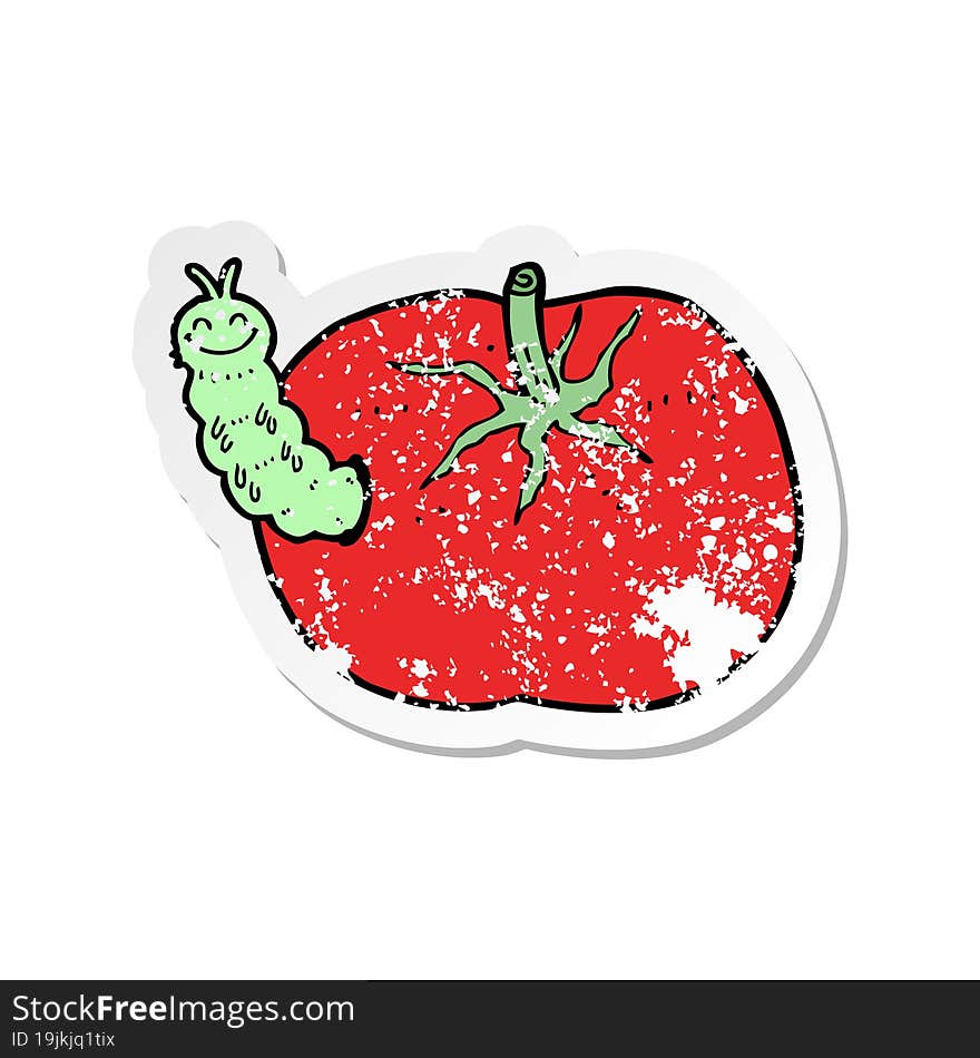 retro distressed sticker of a cartoon tomato with bug