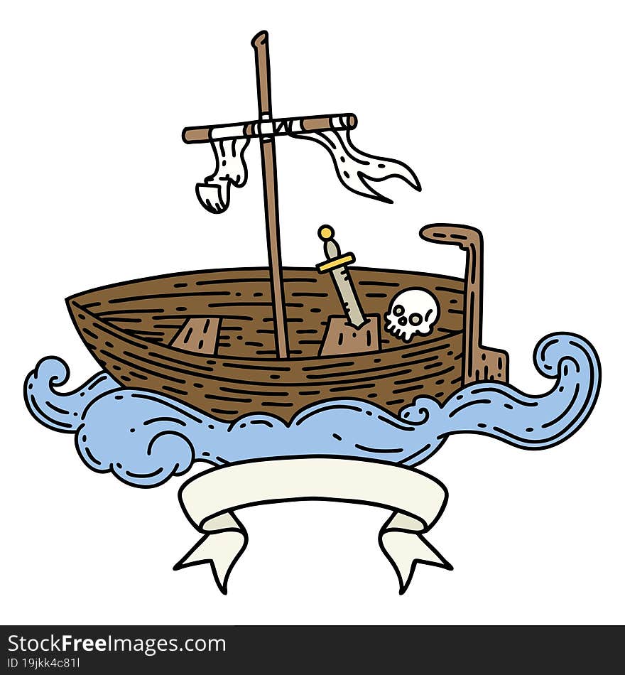 banner with tattoo style empty boat with skull