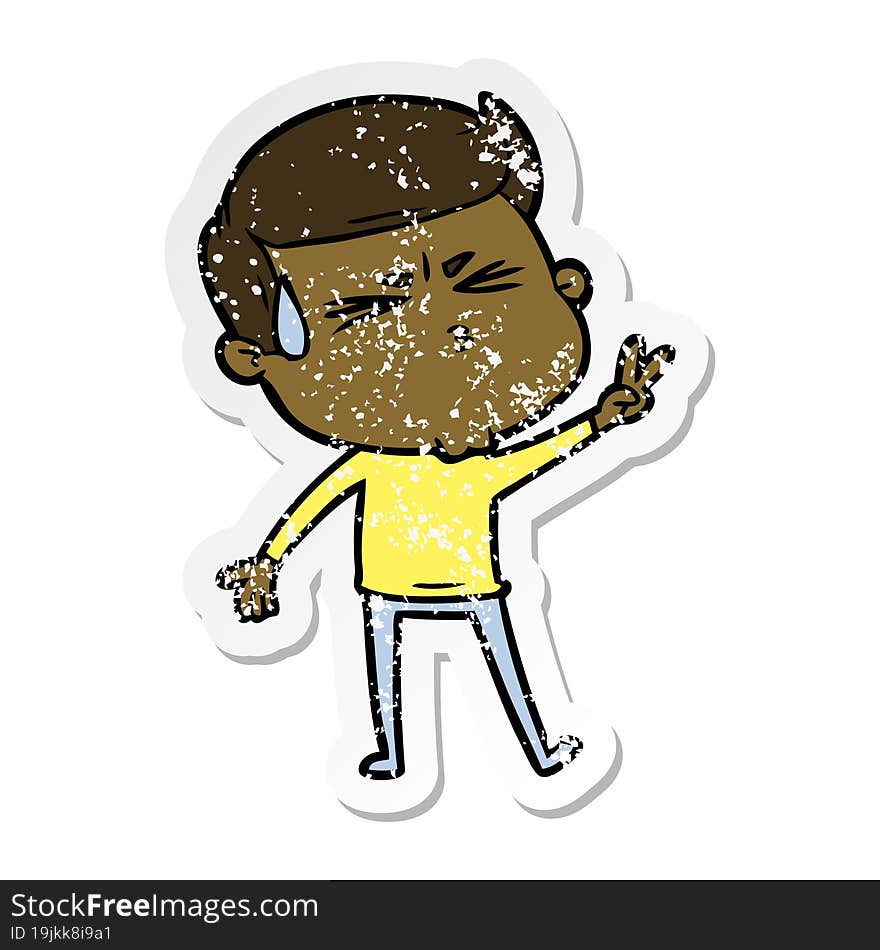 distressed sticker of a cartoon man sweating