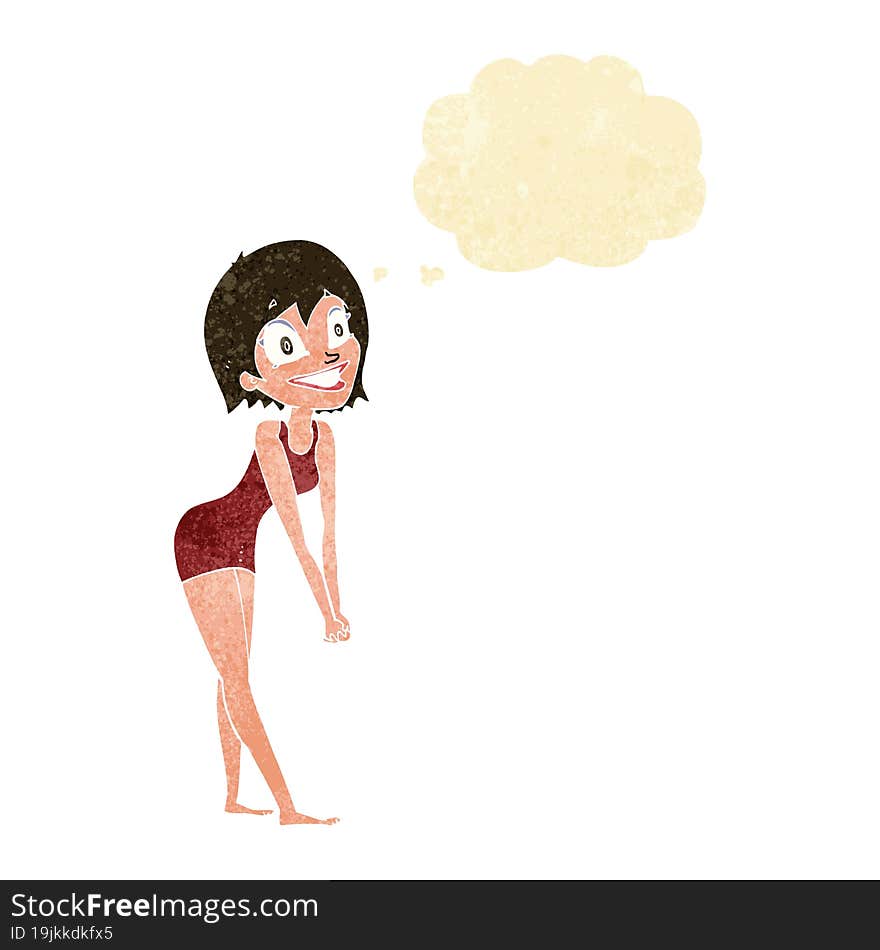 cartoon excited woman with thought bubble