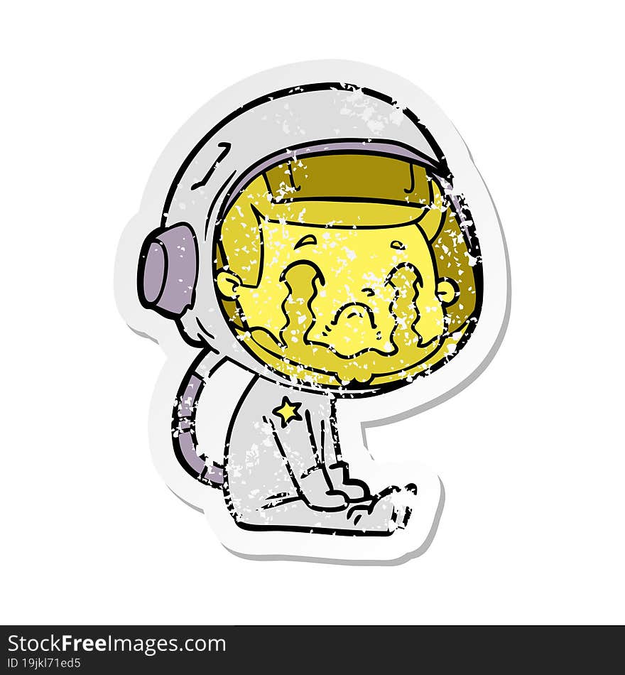 distressed sticker of a cartoon crying astronaut