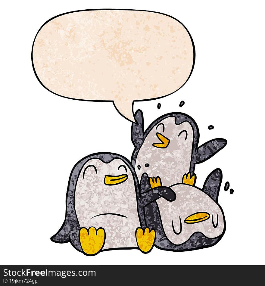 cartoon happy penguins and speech bubble in retro texture style