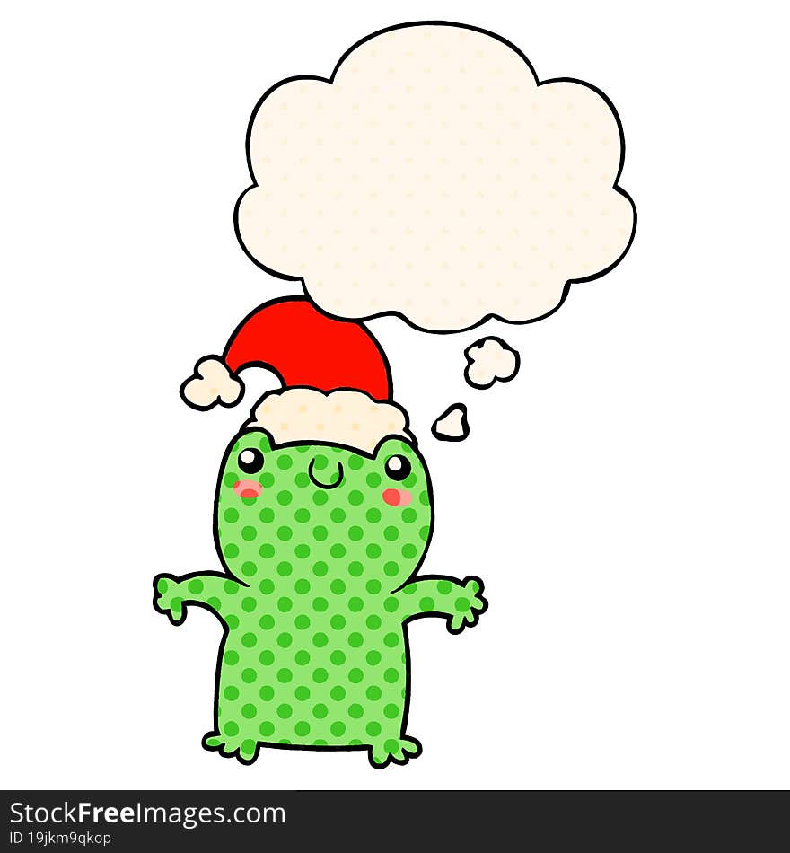 cute cartoon frog wearing christmas hat and thought bubble in comic book style