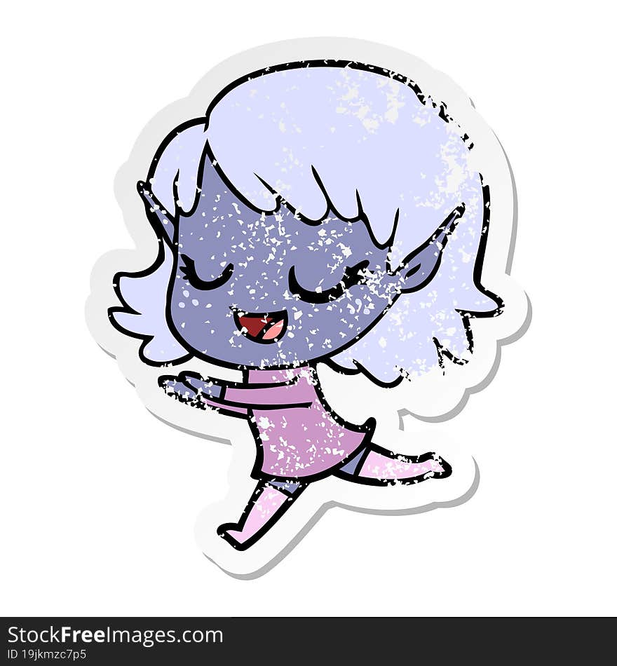 distressed sticker of a happy cartoon elf girl running