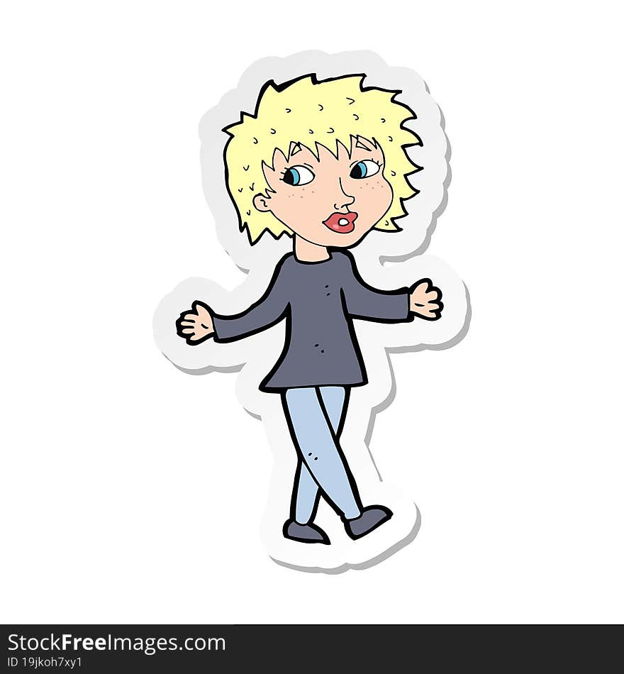 sticker of a cartoon woman with no worries