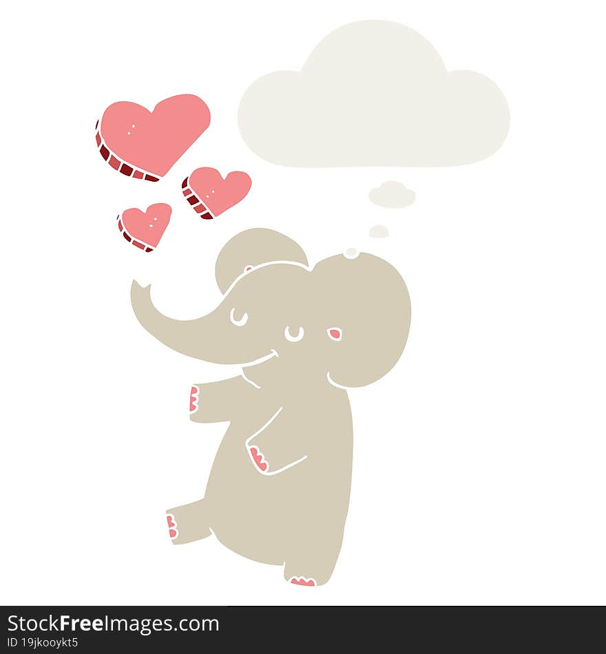 cartoon elephant with love hearts with thought bubble in retro style