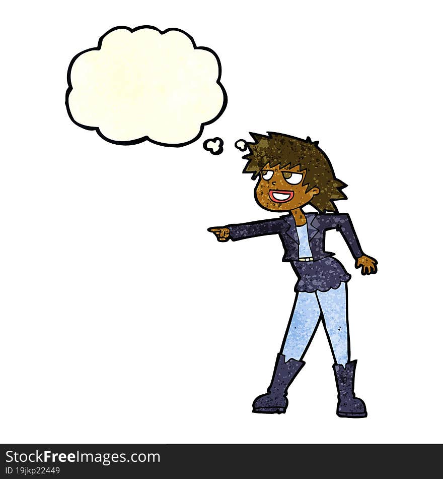 cartoon woman pointing with thought bubble