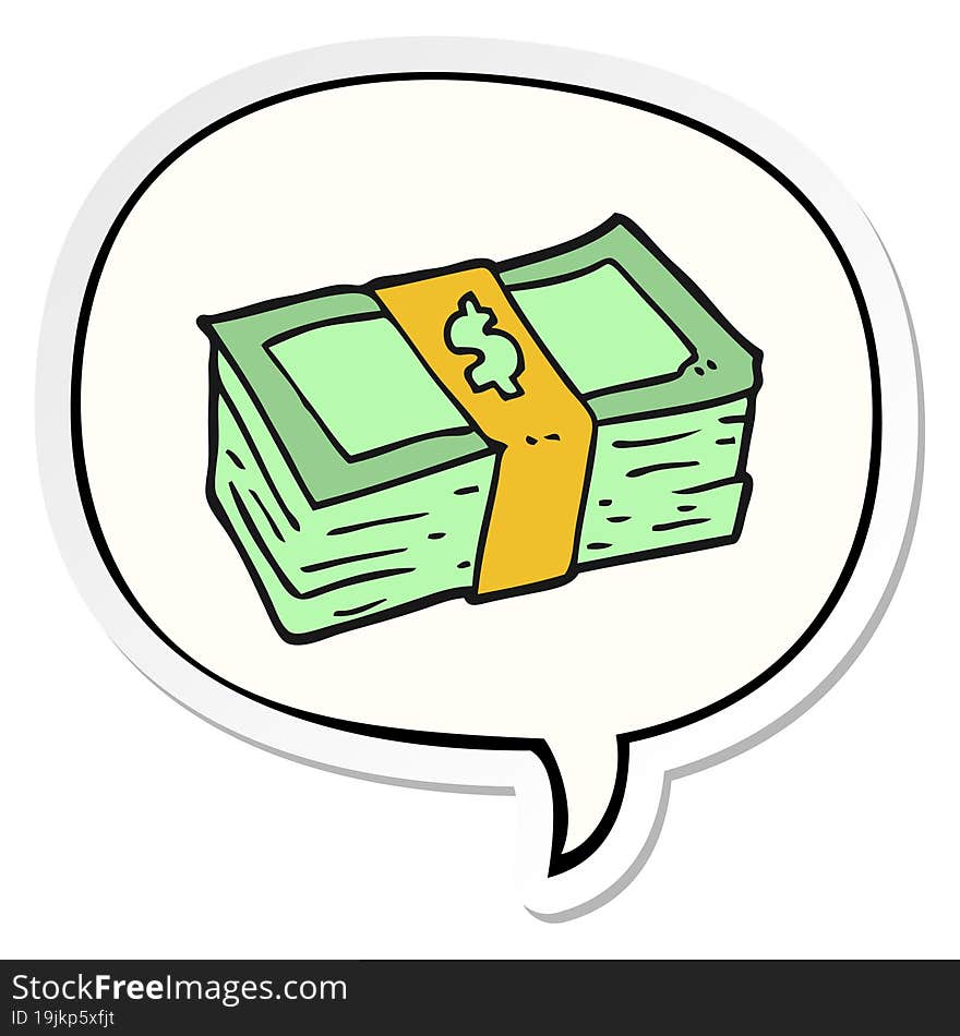 cartoon stack of cash with speech bubble sticker