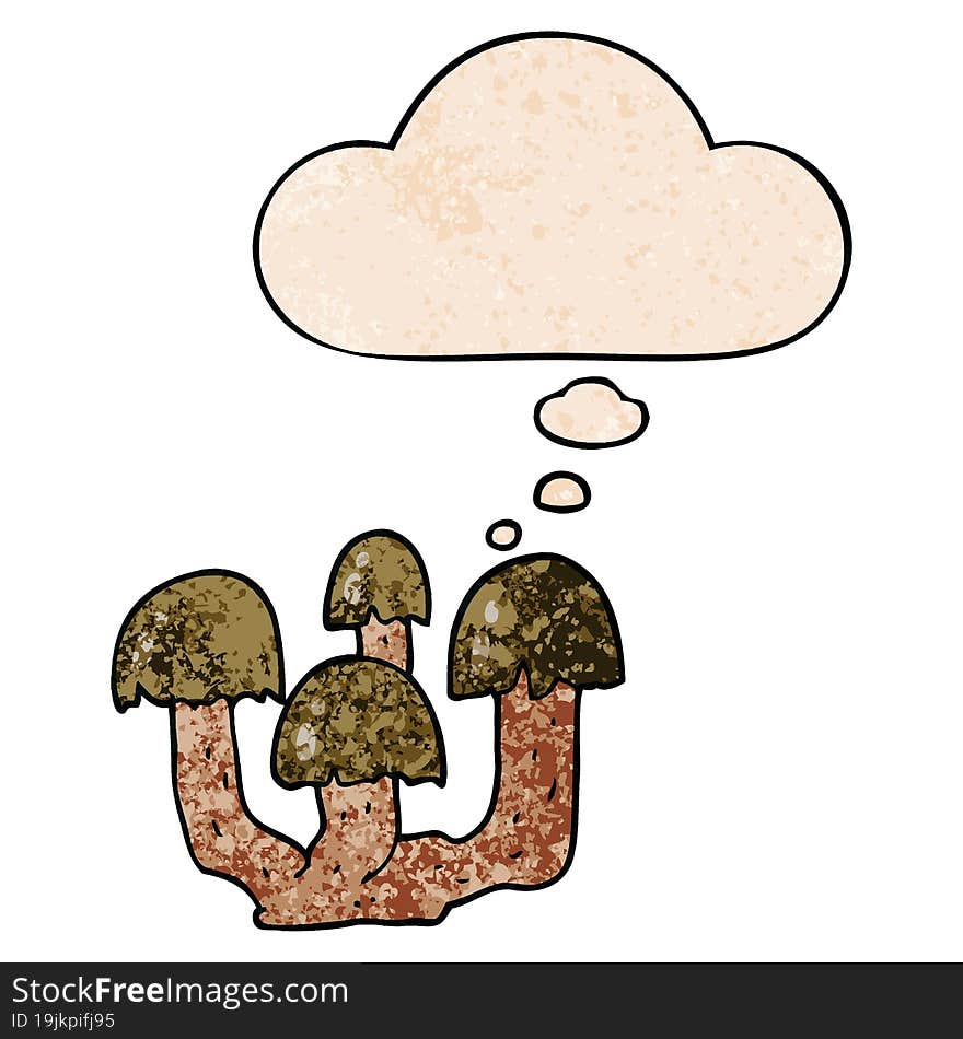 cartoon mushrooms with thought bubble in grunge texture style. cartoon mushrooms with thought bubble in grunge texture style