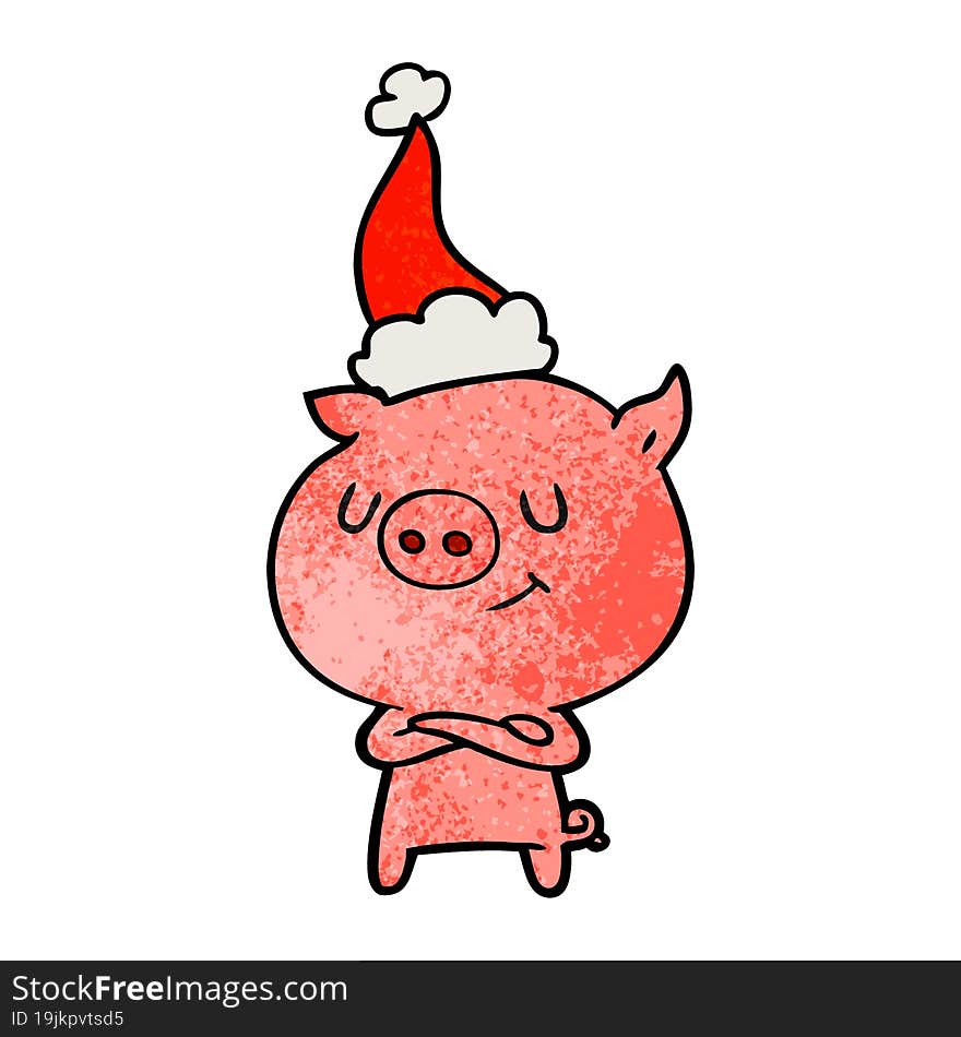 happy hand drawn textured cartoon of a pig wearing santa hat. happy hand drawn textured cartoon of a pig wearing santa hat