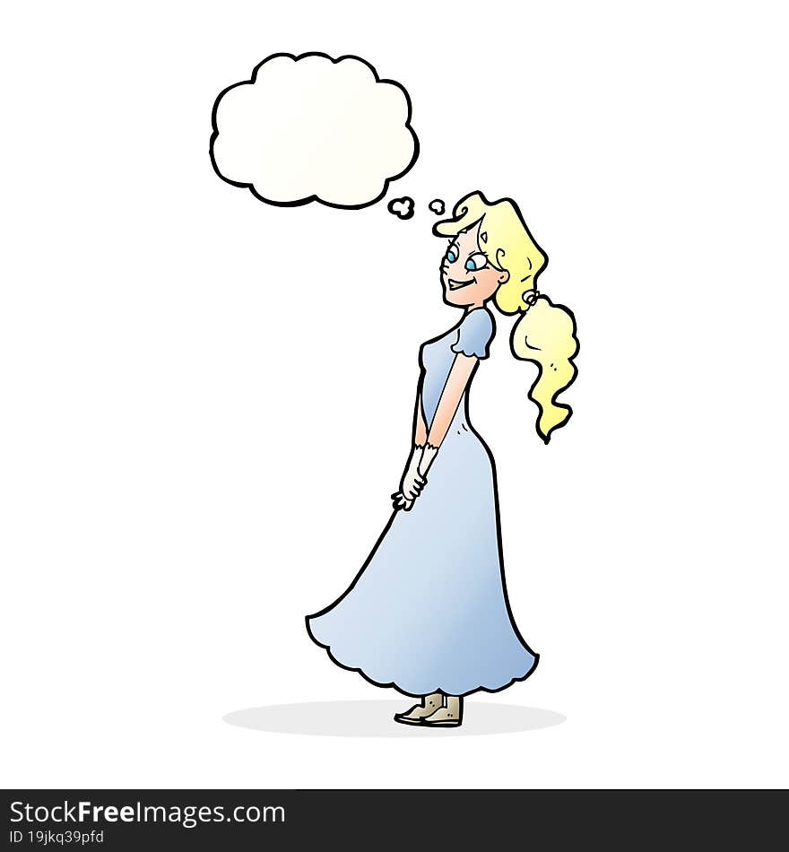 cartoon pretty woman in dress with thought bubble