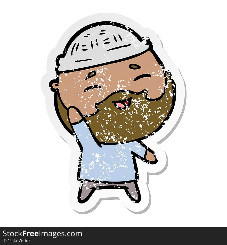 distressed sticker of a cartoon happy bearded man