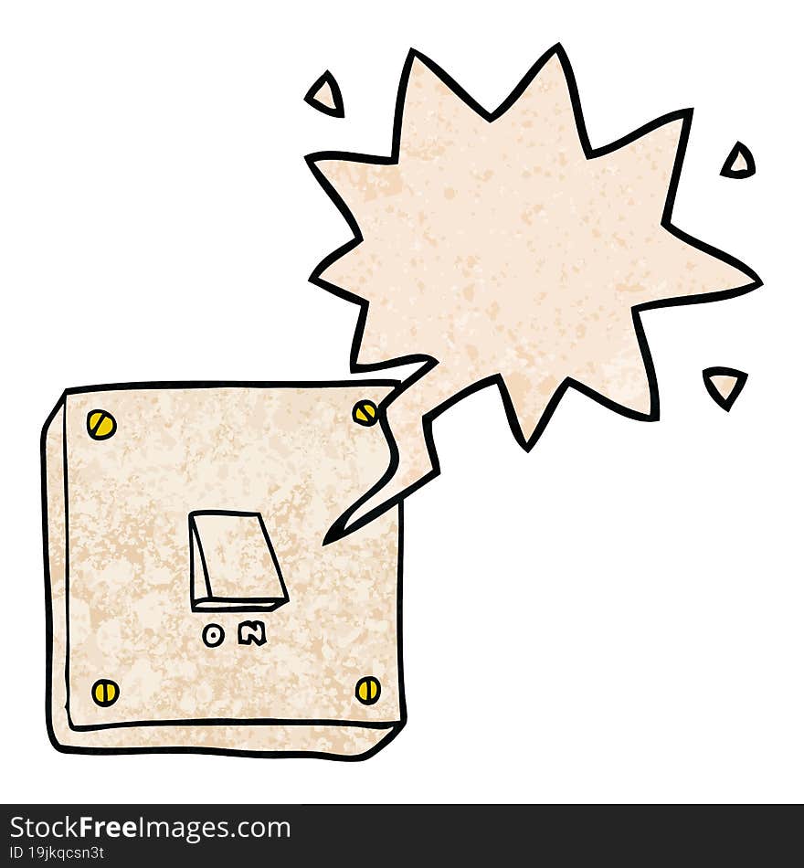 cartoon light switch and speech bubble in retro texture style