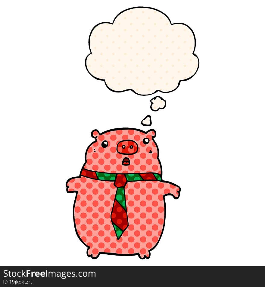 cartoon pig wearing office tie and thought bubble in comic book style