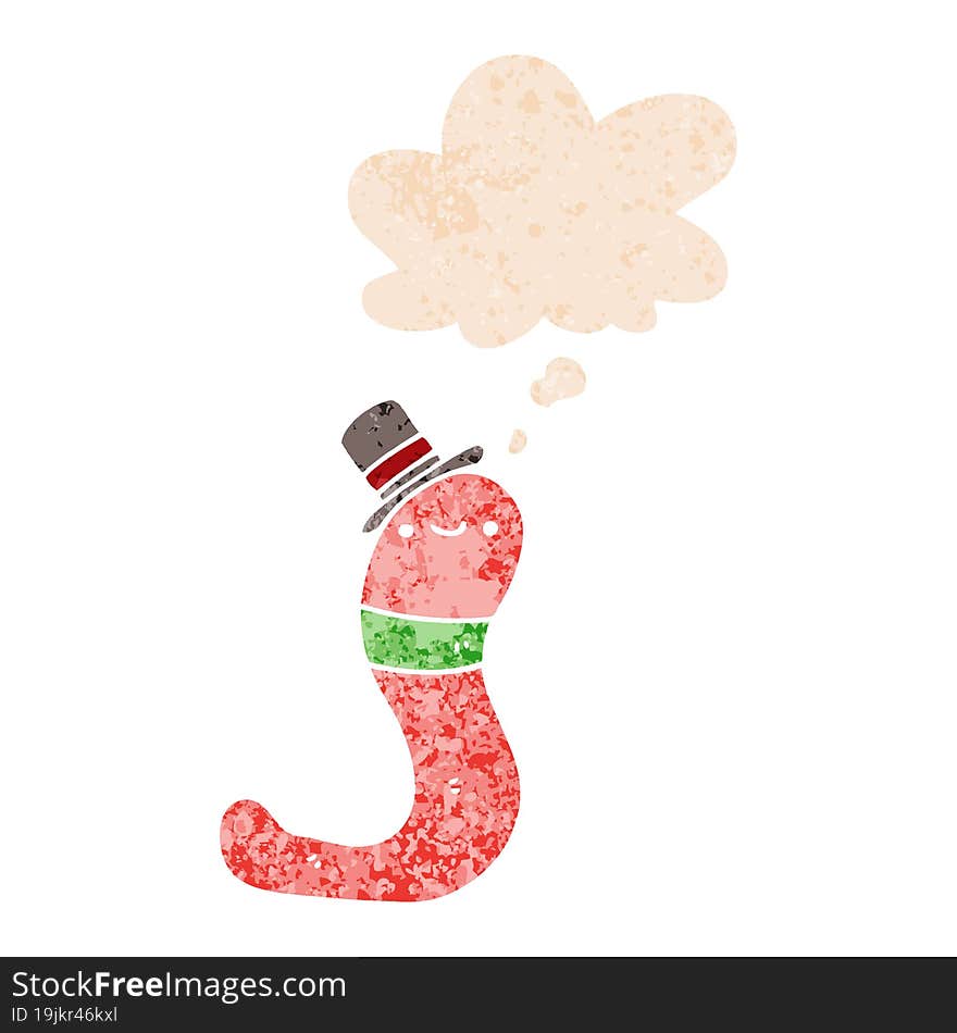 cute cartoon worm with thought bubble in grunge distressed retro textured style. cute cartoon worm with thought bubble in grunge distressed retro textured style