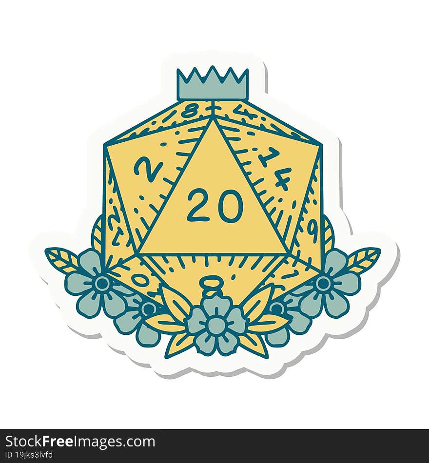 sticker of a natural 20 D20 dice roll with floral elements. sticker of a natural 20 D20 dice roll with floral elements