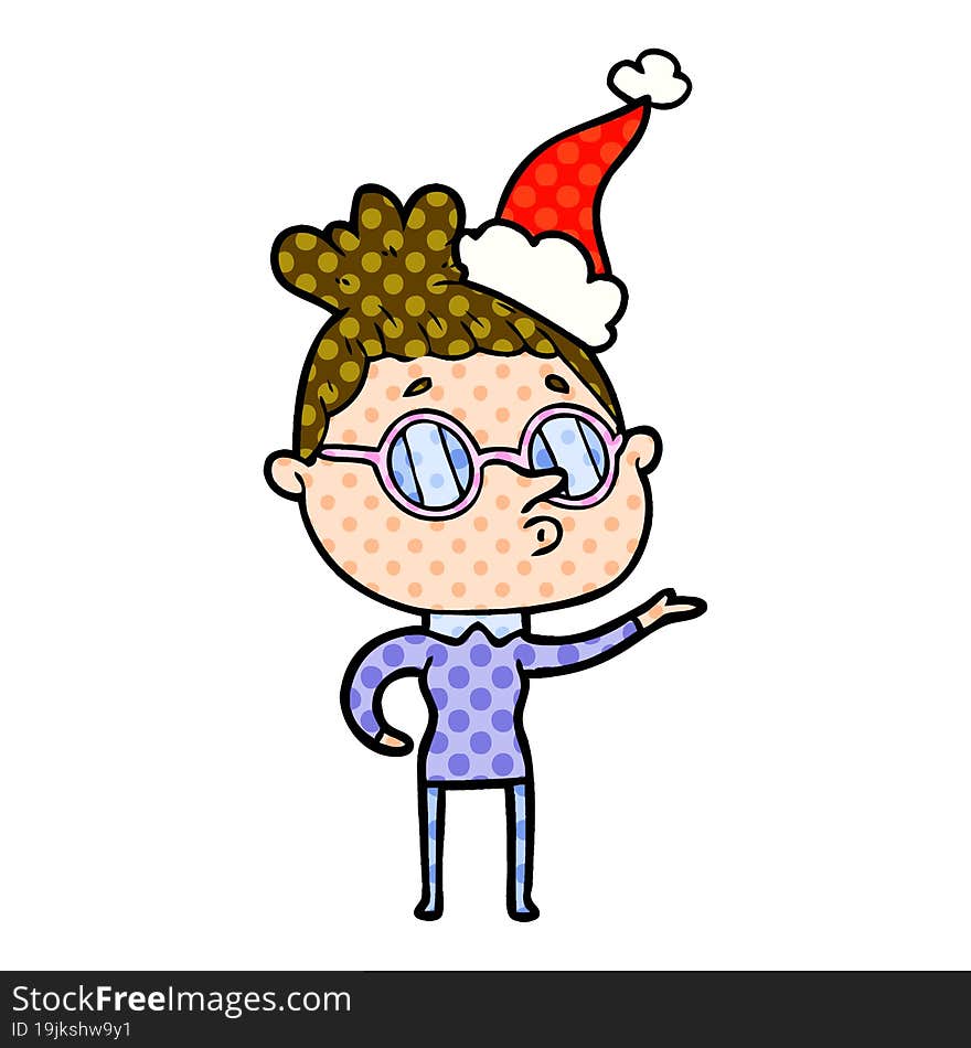 Comic Book Style Illustration Of A Woman Wearing Glasses Wearing Santa Hat