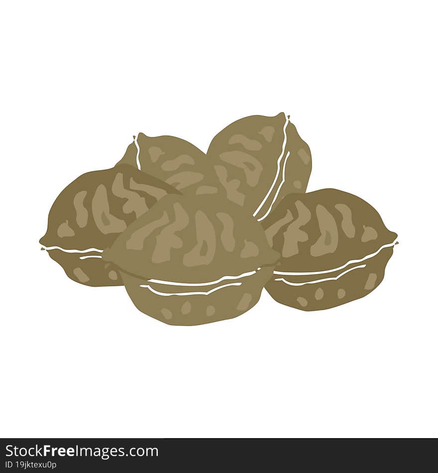 flat color illustration of a cartoon walnuts in shell