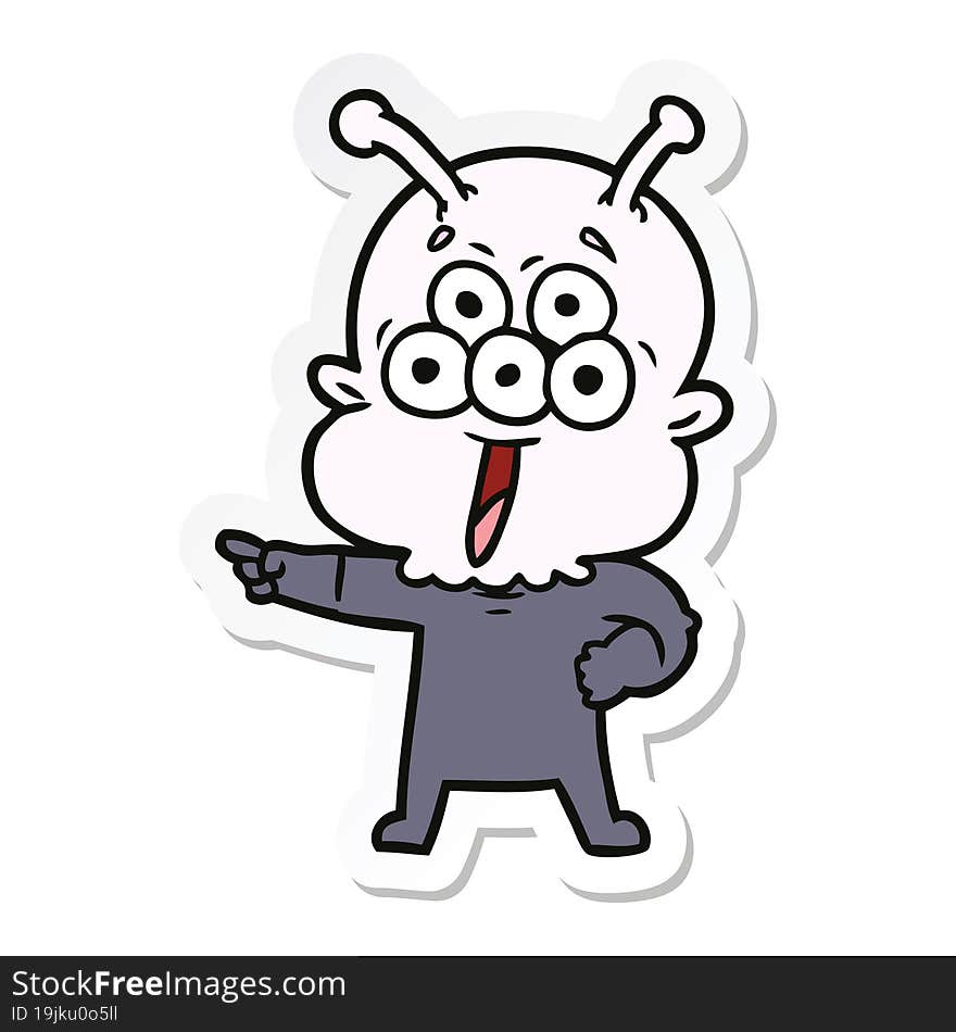 sticker of a happy cartoon alien pointing