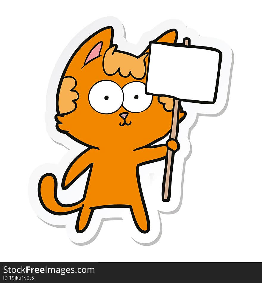 sticker of a happy cartoon cat with sign