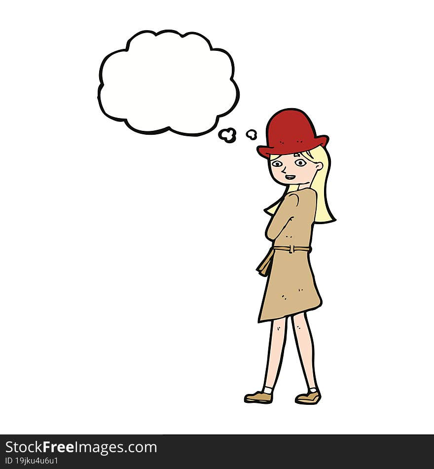 cartoon female spy with thought bubble