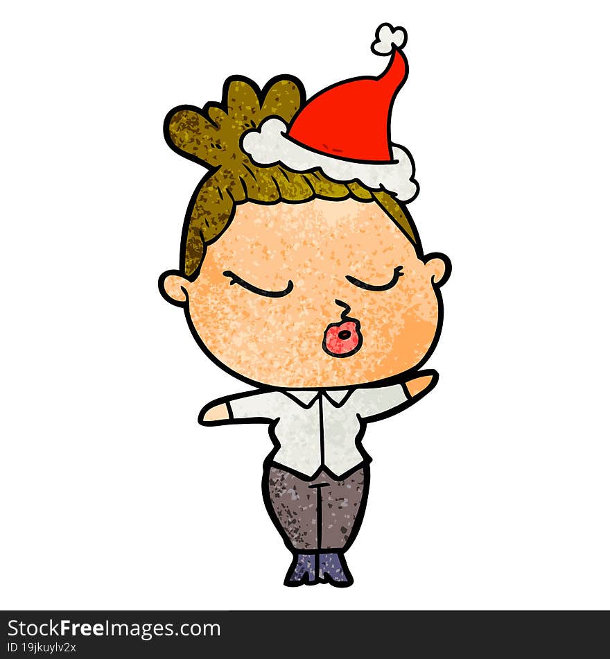 textured cartoon of a calm woman wearing santa hat