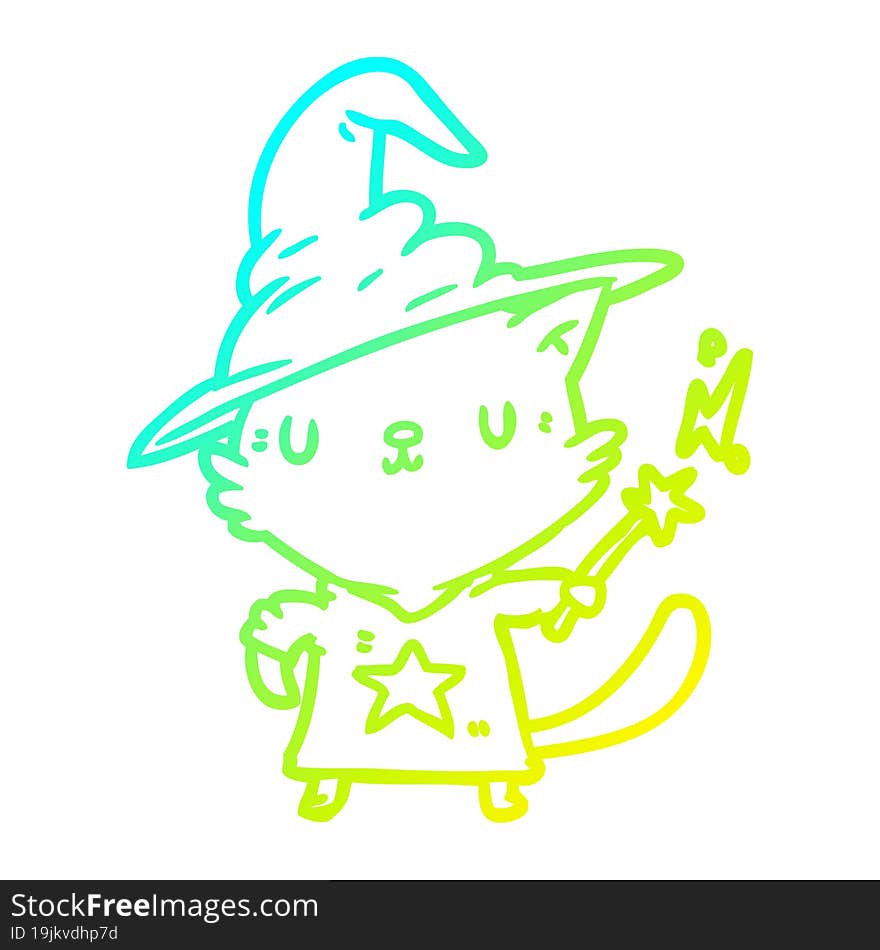 cold gradient line drawing of a magical amazing cat wizard