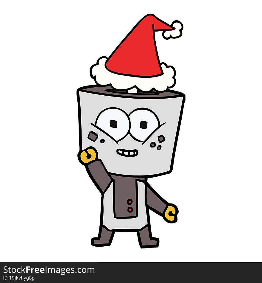 Happy Line Drawing Of A Robot Waving Hello Wearing Santa Hat