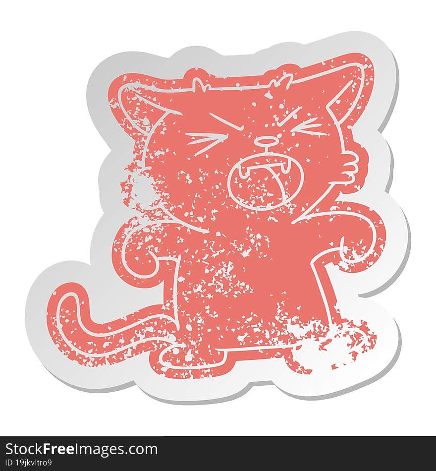 distressed old cartoon sticker of a screeching cat. distressed old cartoon sticker of a screeching cat