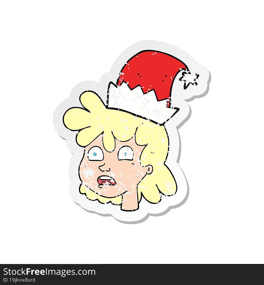 Retro Distressed Sticker Of A Cartoon Woman Wearing Christmas Hat